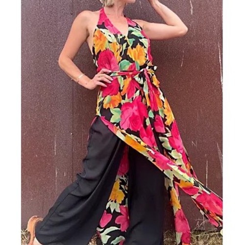 Vintage Cache Floral Halter Neck Wide Leg Jumpsuit Black Pink Orange Size 10